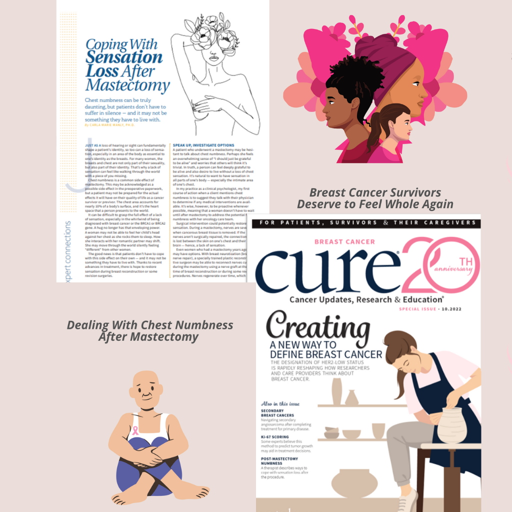 Collage of articles and Instagram posts on chest numbness following mastectomy