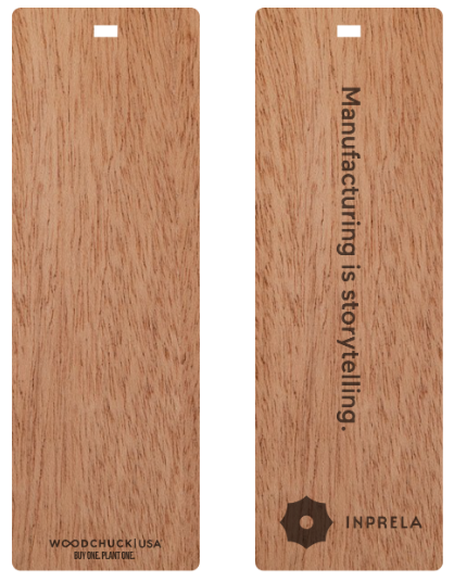 wooden bookmarks that say "manufacturing is storytelling"